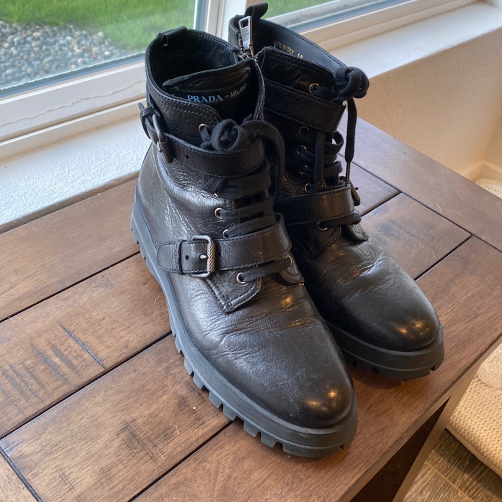Prada soft leather black combat boots